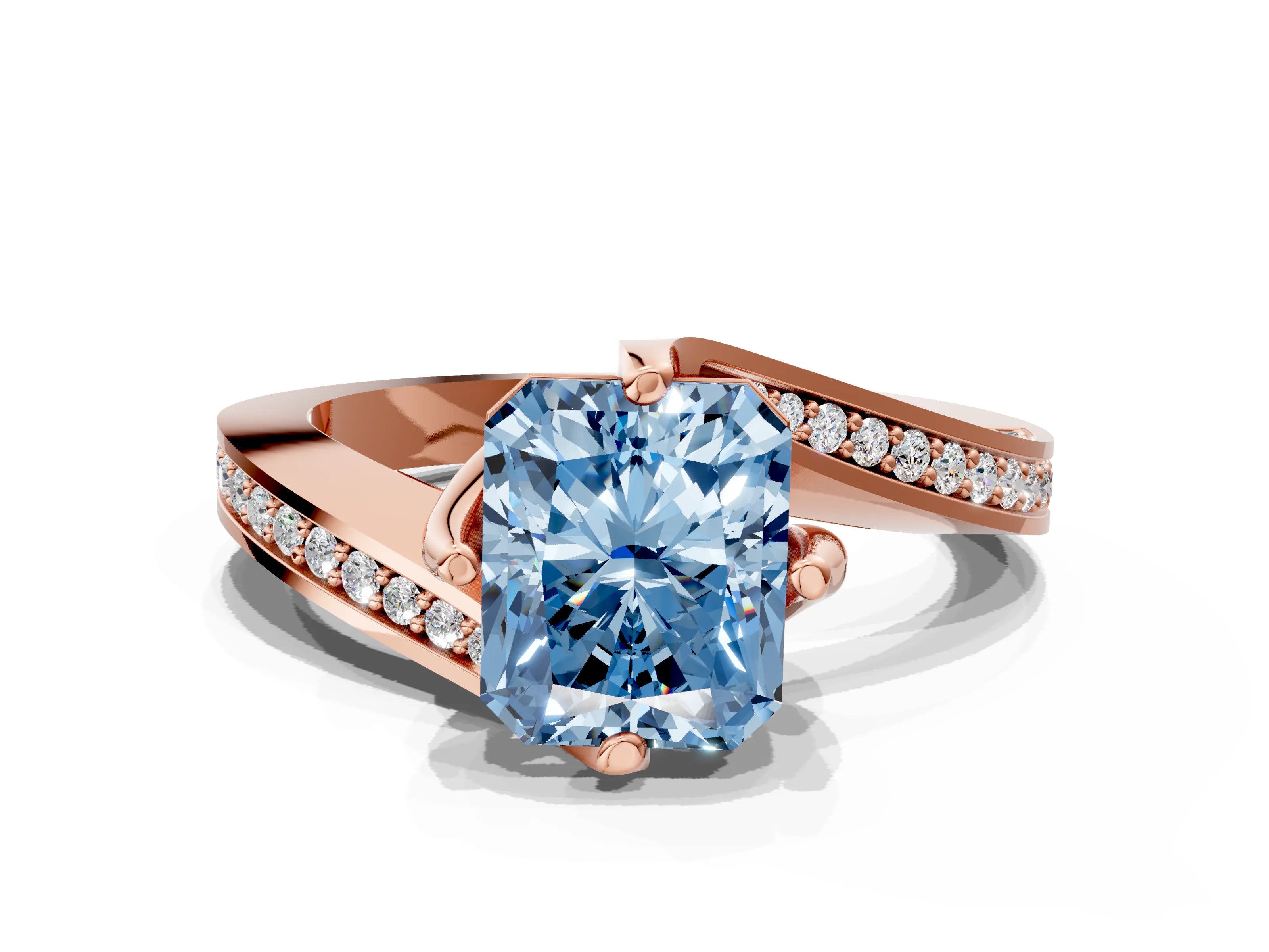 Rose gold Fancy Blue Radiant Cut Solitaire Diamond Twist Band with Pavé Setting and Four-Prong Setting