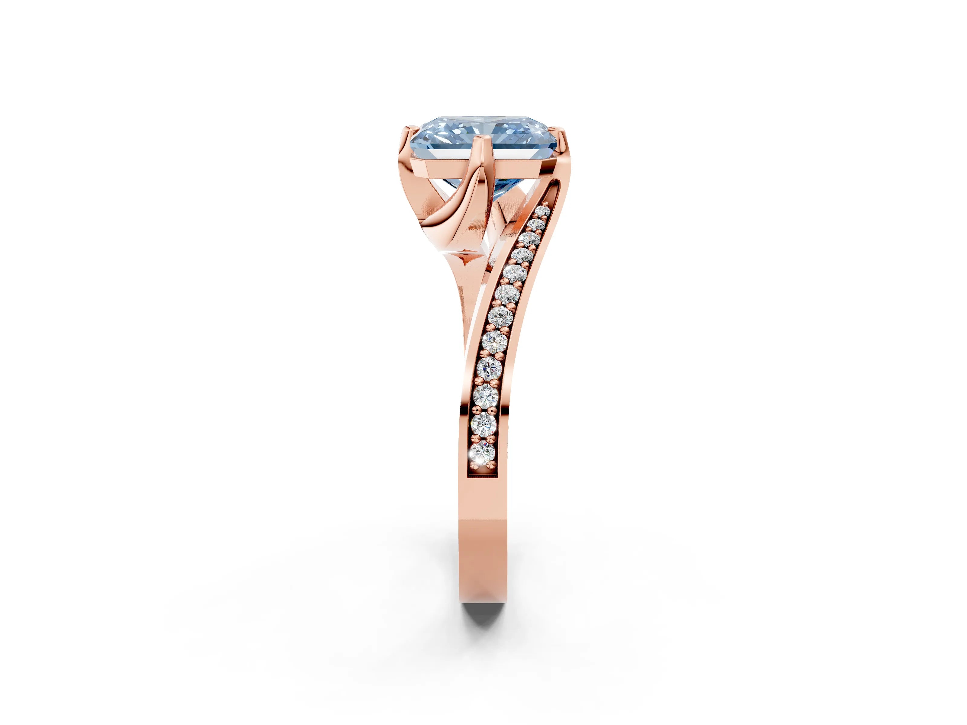 Rose gold Fancy Blue Radiant Cut Solitaire Diamond Twist Band with Pavé Setting and Four-Prong Setting_2