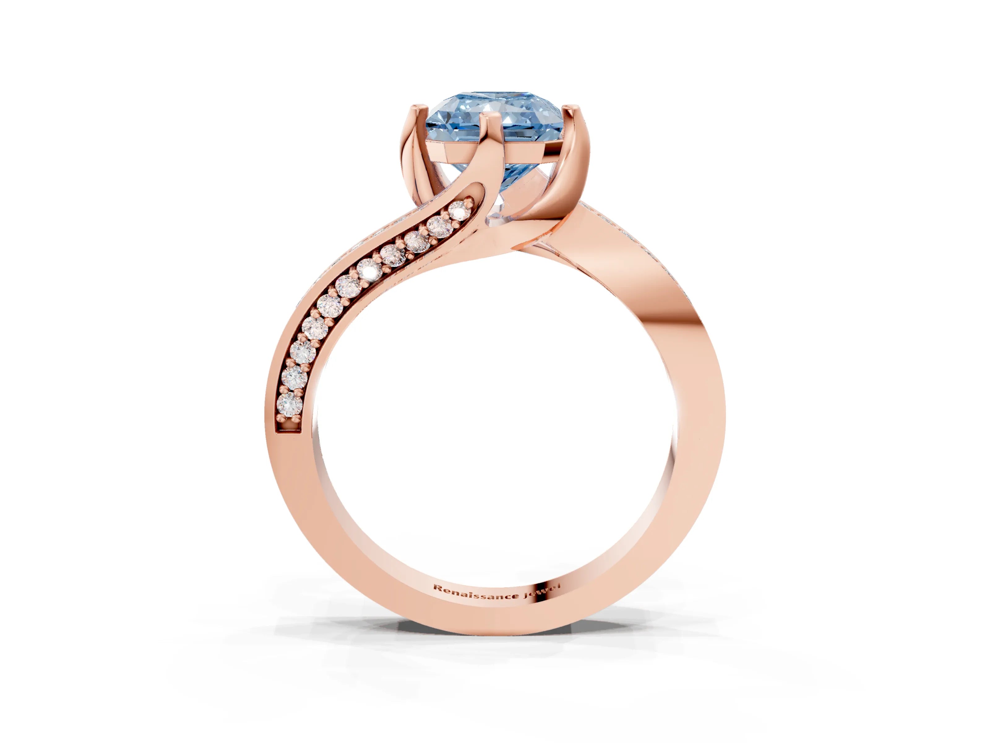 Rose gold Fancy Blue Radiant Cut Solitaire Diamond Twist Band with Pavé Setting and Four-Prong Setting_3
