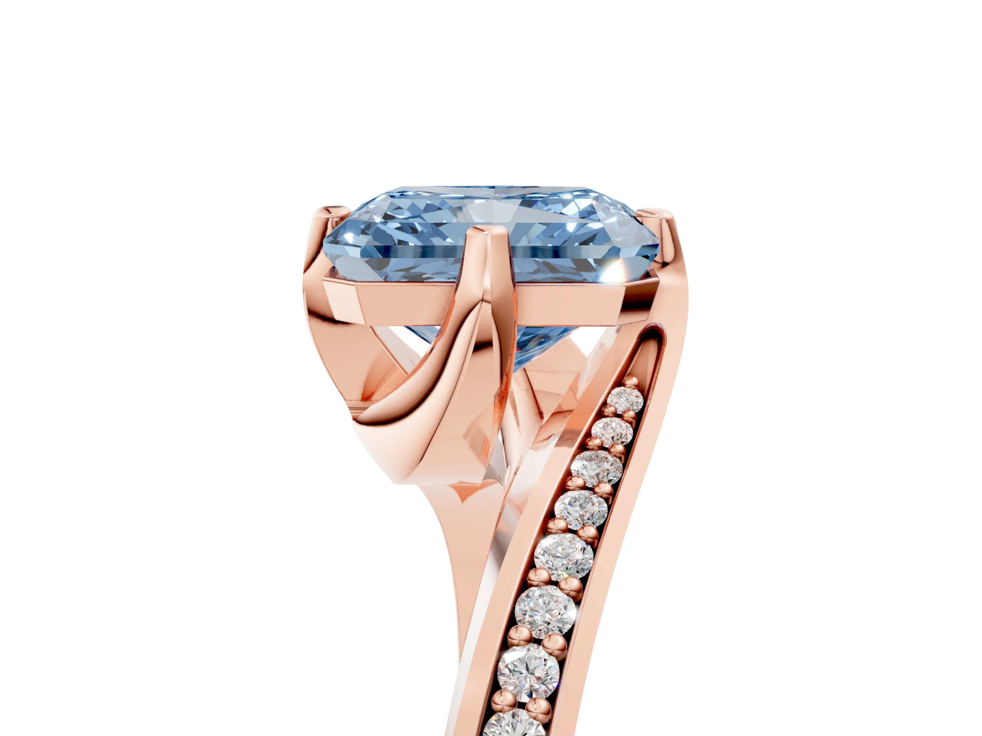Rose gold Fancy Blue Radiant Cut Solitaire Diamond Twist Band with Pavé Setting and Four-Prong Setting_5