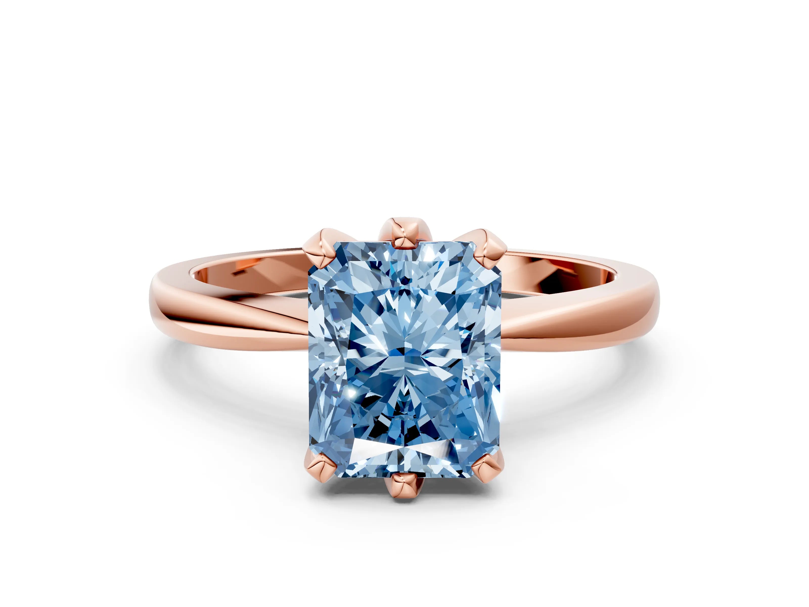 Rose gold Fancy Blue Radiant Cut Solitaire Engagement Ring with Six-Prong Setting and Tapered Band