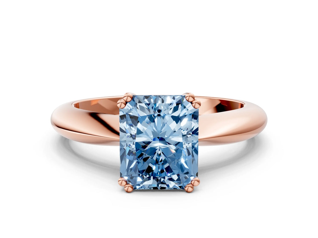 Rose gold Fancy Blue Radiant  Cut Solitaire Engagement Ring with Tapered Band and Four-Prong Setting