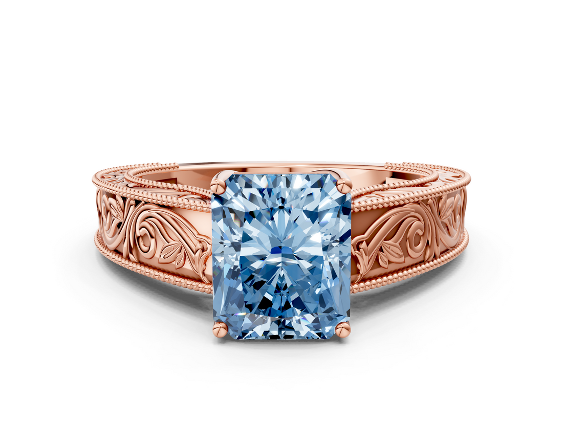 Rose gold Fancy Blue Radiant  Cut Solitaire Engraved Band with Four-Prong Setting_76