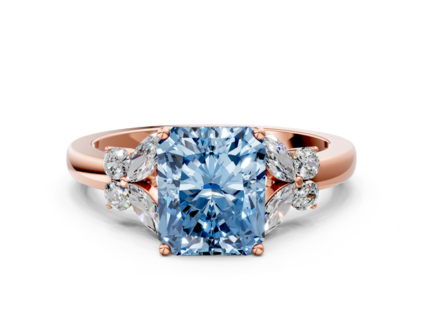 Rose gold Fancy Blue Radiant  Cut Solitaire Floral Diamond Ring with Four-Prong Setting