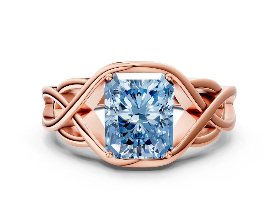 Rose gold Fancy Blue Radiant Cut Solitaire Intertwined Band Prong Setting Ring