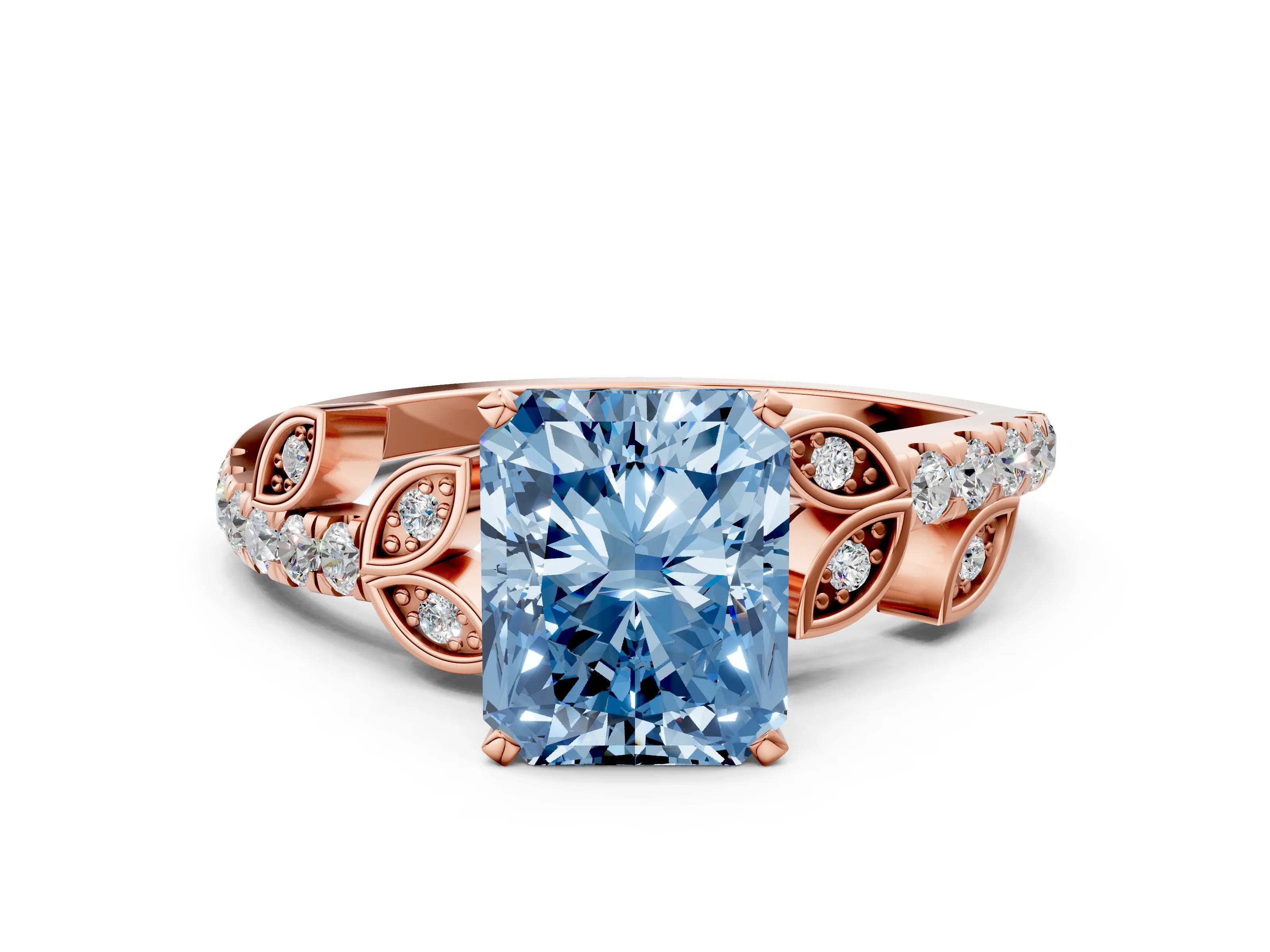 Rose gold Fancy Blue Radiant Cut Solitaire Leaf-Inspired Diamond Ring with Pavé Band and Four-Prong Setting