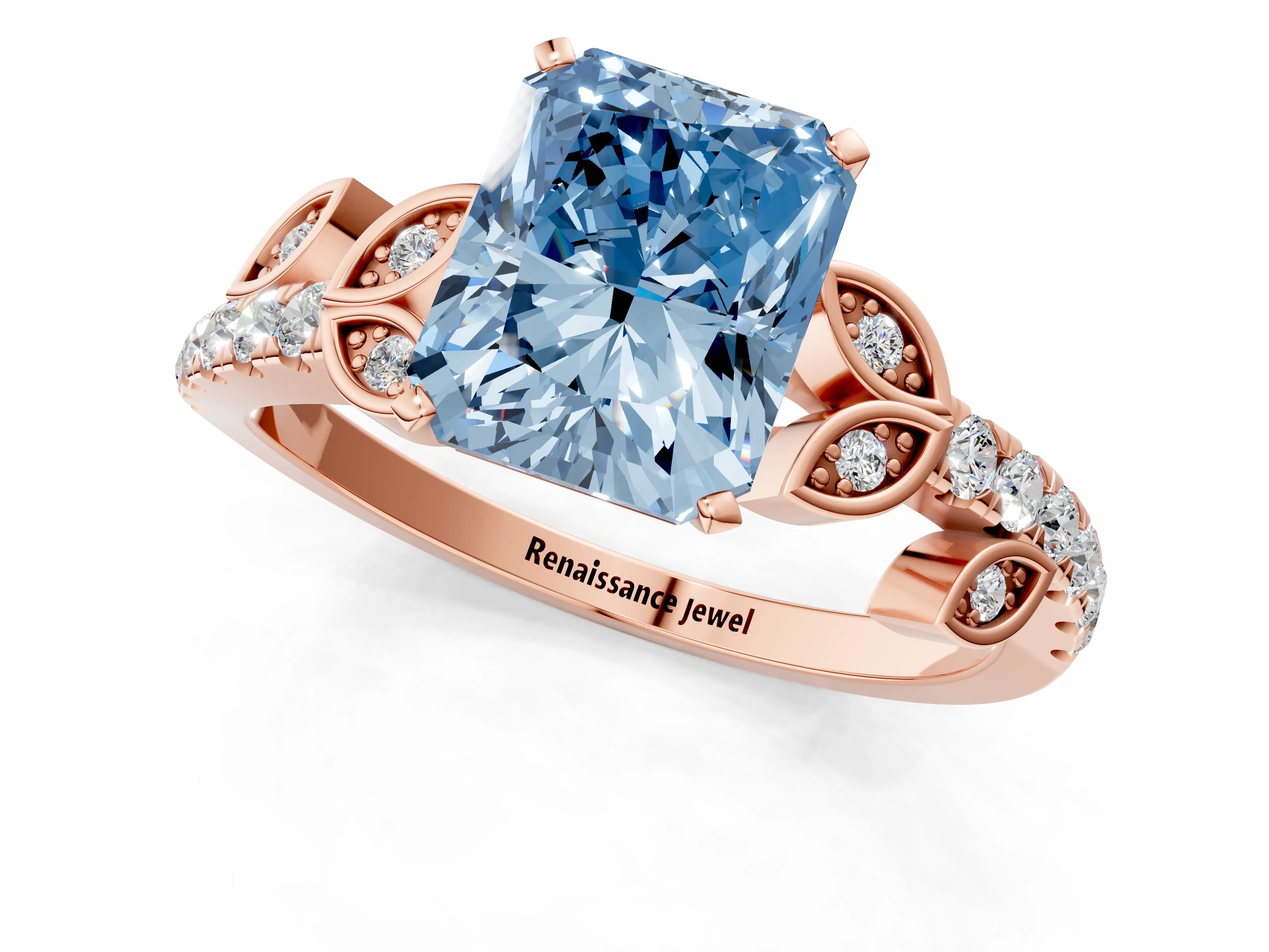 Rose gold Fancy Blue Radiant Cut Solitaire Leaf-Inspired Diamond Ring with Pavé Band and Four-Prong Setting_1