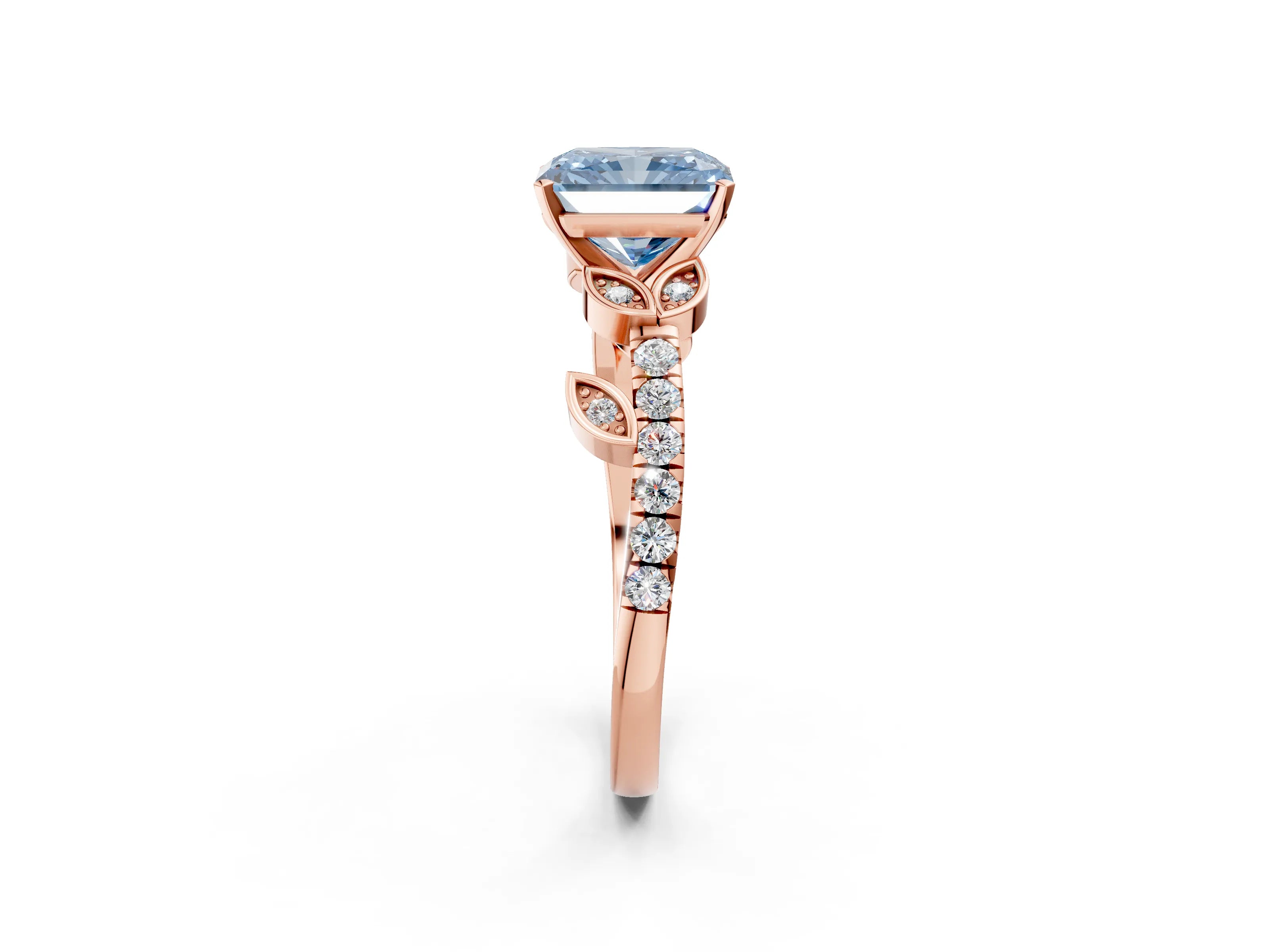 Rose gold Fancy Blue Radiant Cut Solitaire Leaf-Inspired Diamond Ring with Pavé Band and Four-Prong Setting_2
