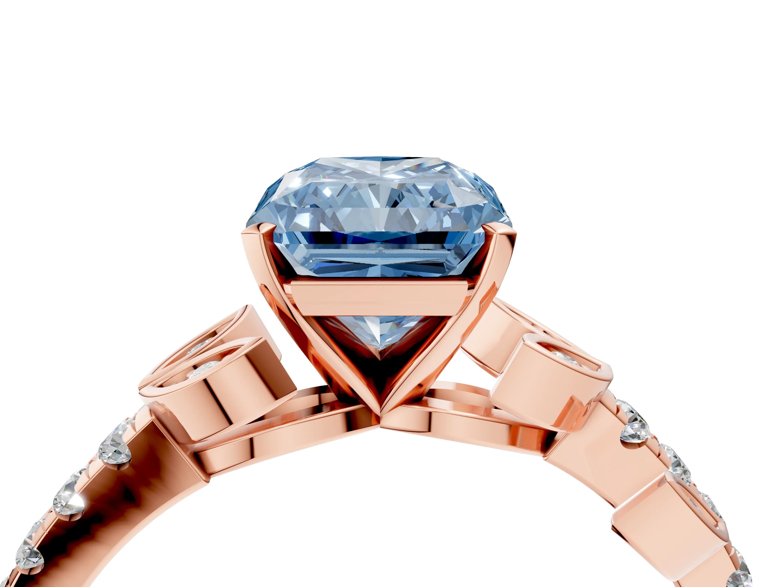 Rose gold Fancy Blue Radiant Cut Solitaire Leaf-Inspired Diamond Ring with Pavé Band and Four-Prong Setting_4