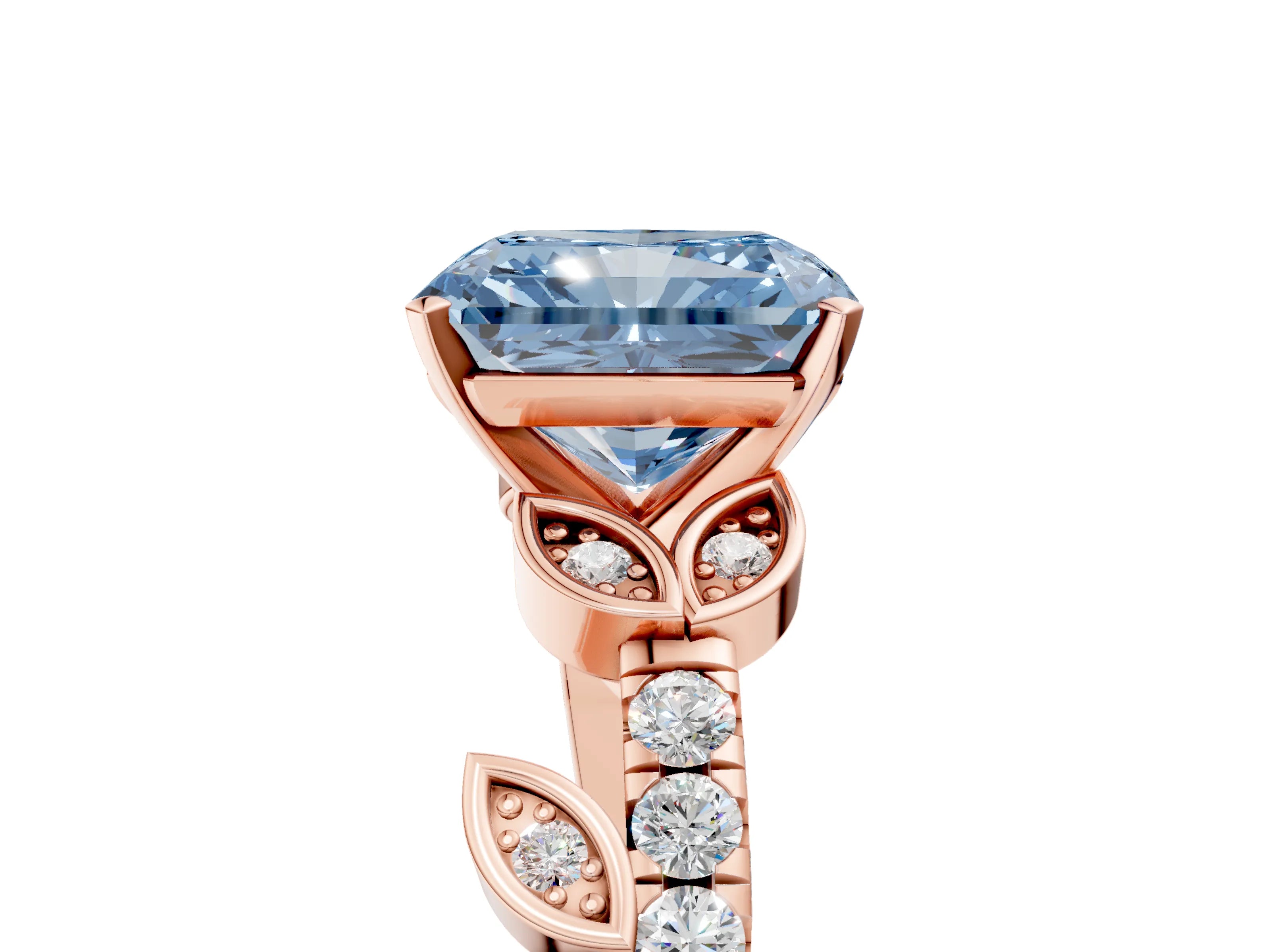 Rose gold Fancy Blue Radiant Cut Solitaire Leaf-Inspired Diamond Ring with Pavé Band and Four-Prong Setting_5