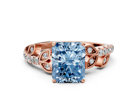 Rose gold Fancy Blue Radiant Cut Solitaire Leaf-Inspired Diamond Ring with Pavé Band and Four-Prong Setting