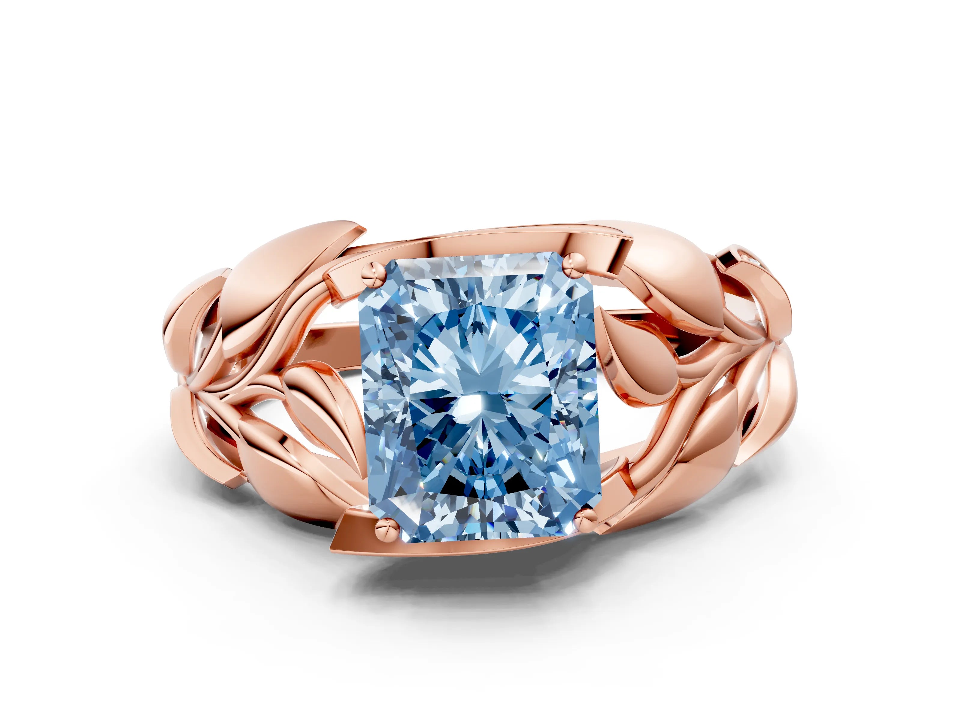 Rose gold Fancy Blue Radiant Cut Solitaire Leaf-Inspired Engagement Ring with Prong Setting