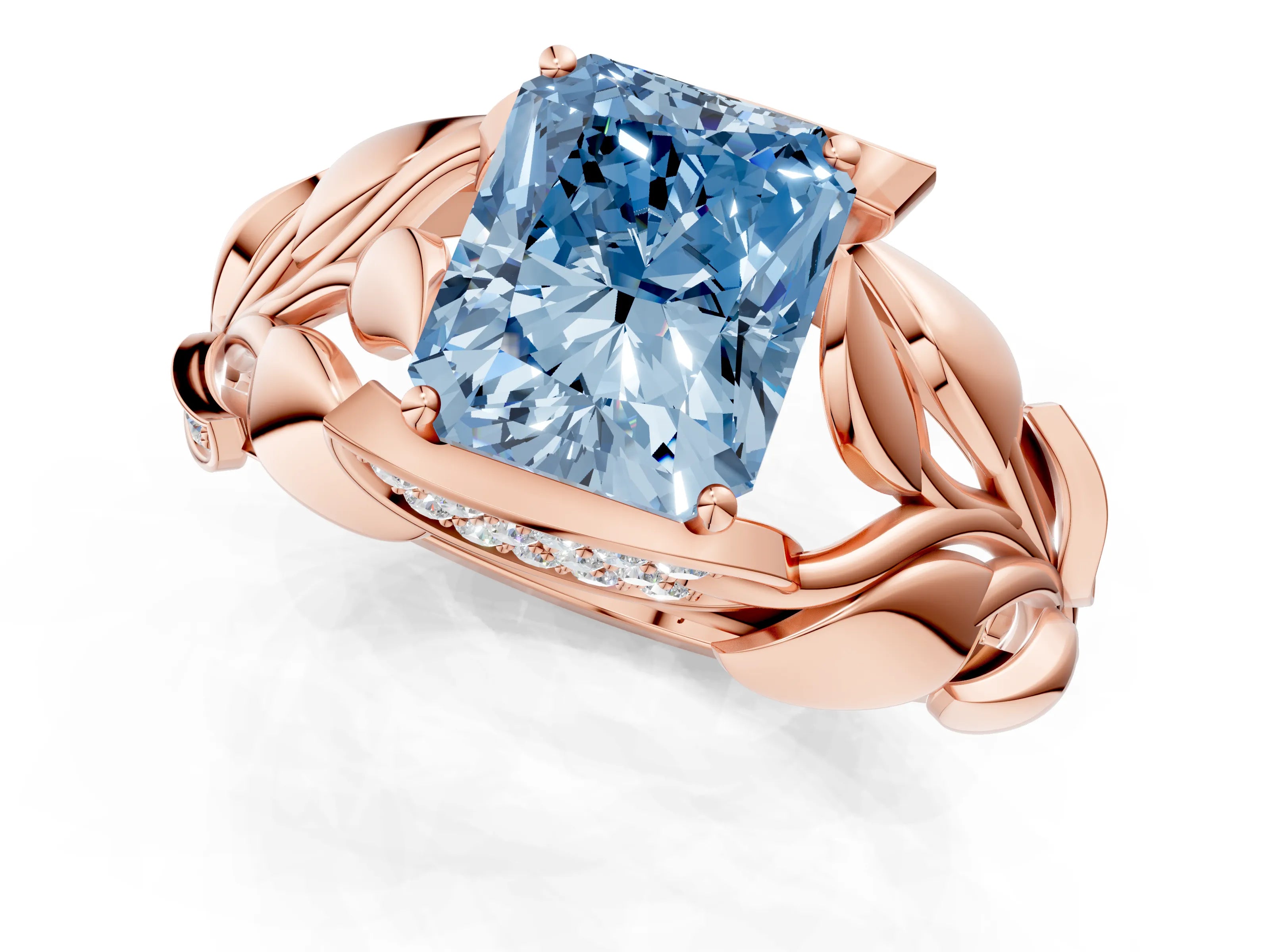 Rose gold Fancy Blue Radiant Cut Solitaire Leaf-Inspired Engagement Ring with Prong Setting_1