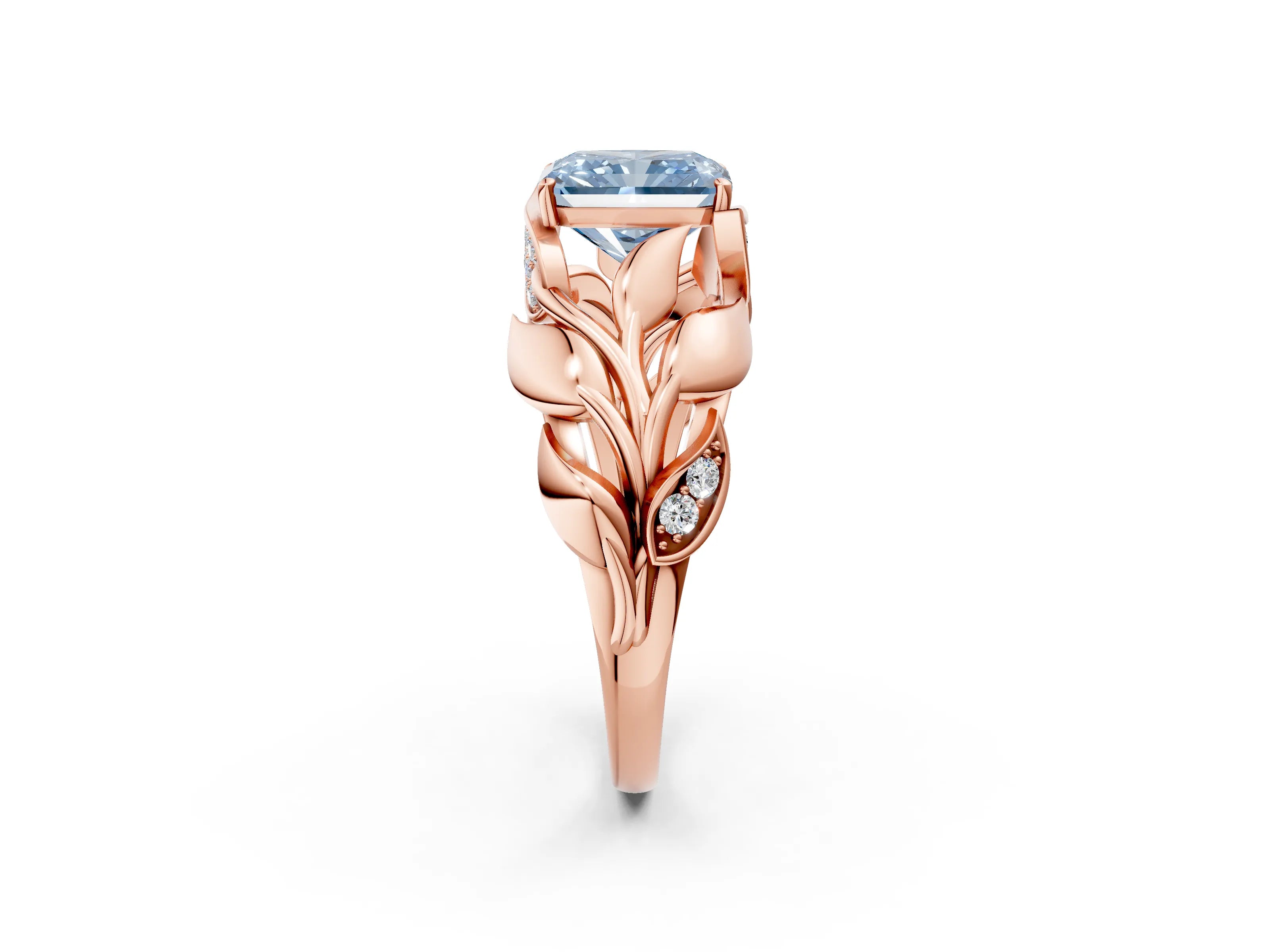 Rose gold Fancy Blue Radiant Cut Solitaire Leaf-Inspired Engagement Ring with Prong Setting_2