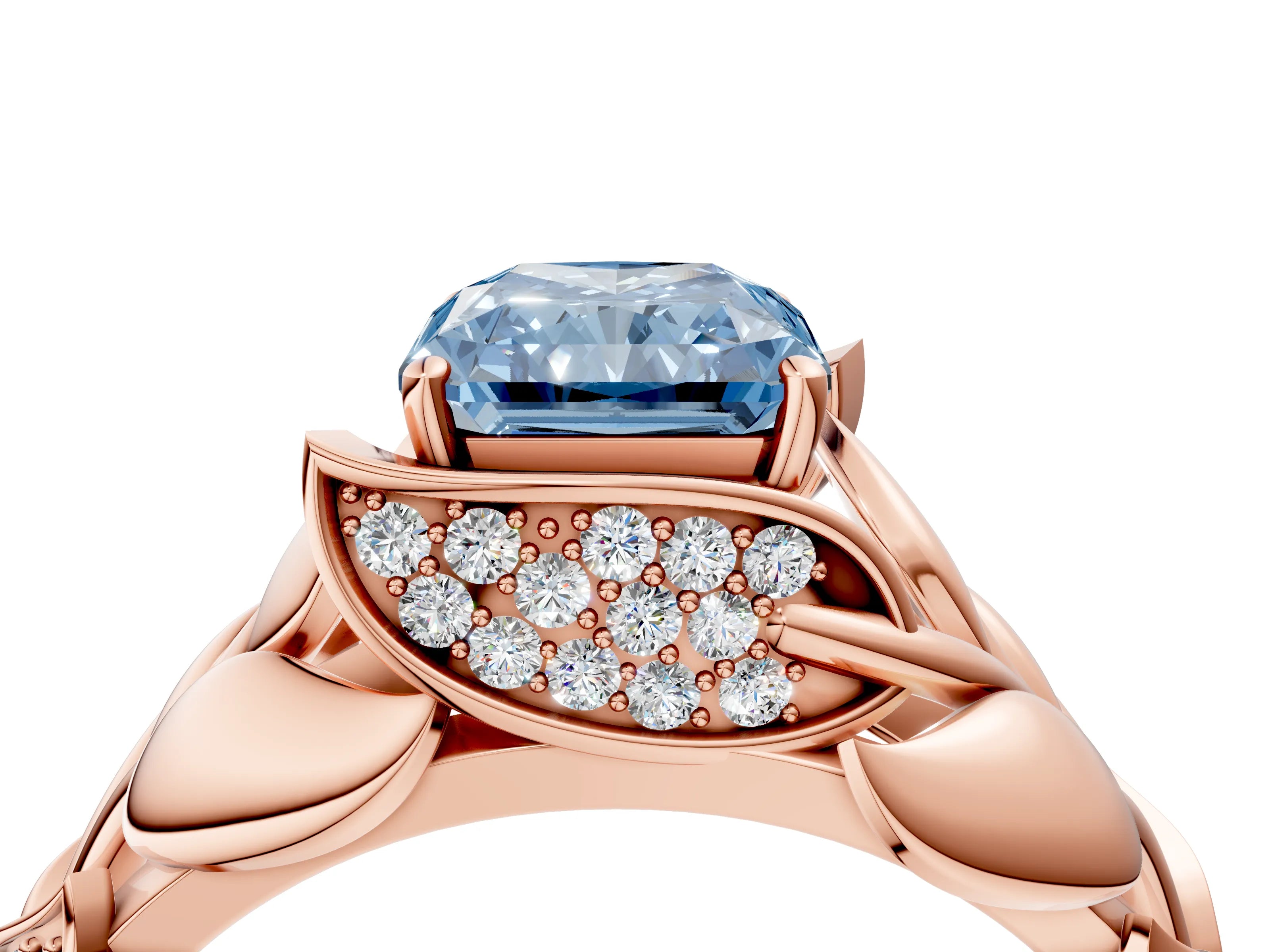 Rose gold Fancy Blue Radiant Cut Solitaire Leaf-Inspired Engagement Ring with Prong Setting_4