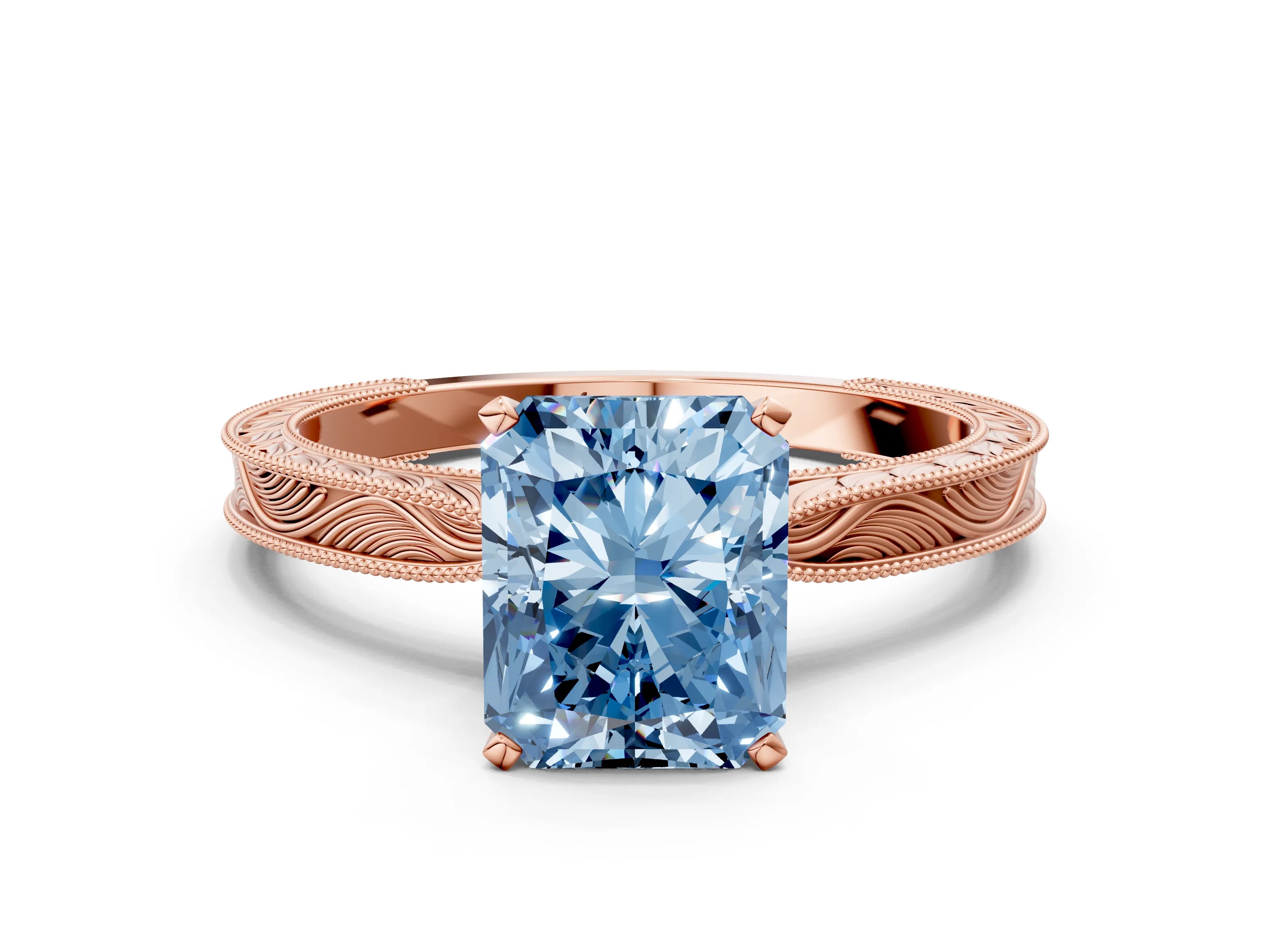 Rose gold Fancy Blue Radiant Cut Solitaire Milgrain Engraved Band with Four-Prong Setting
