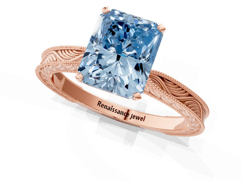 Rose gold Fancy Blue Radiant Cut Solitaire Milgrain Engraved Band with Four-Prong Setting_1