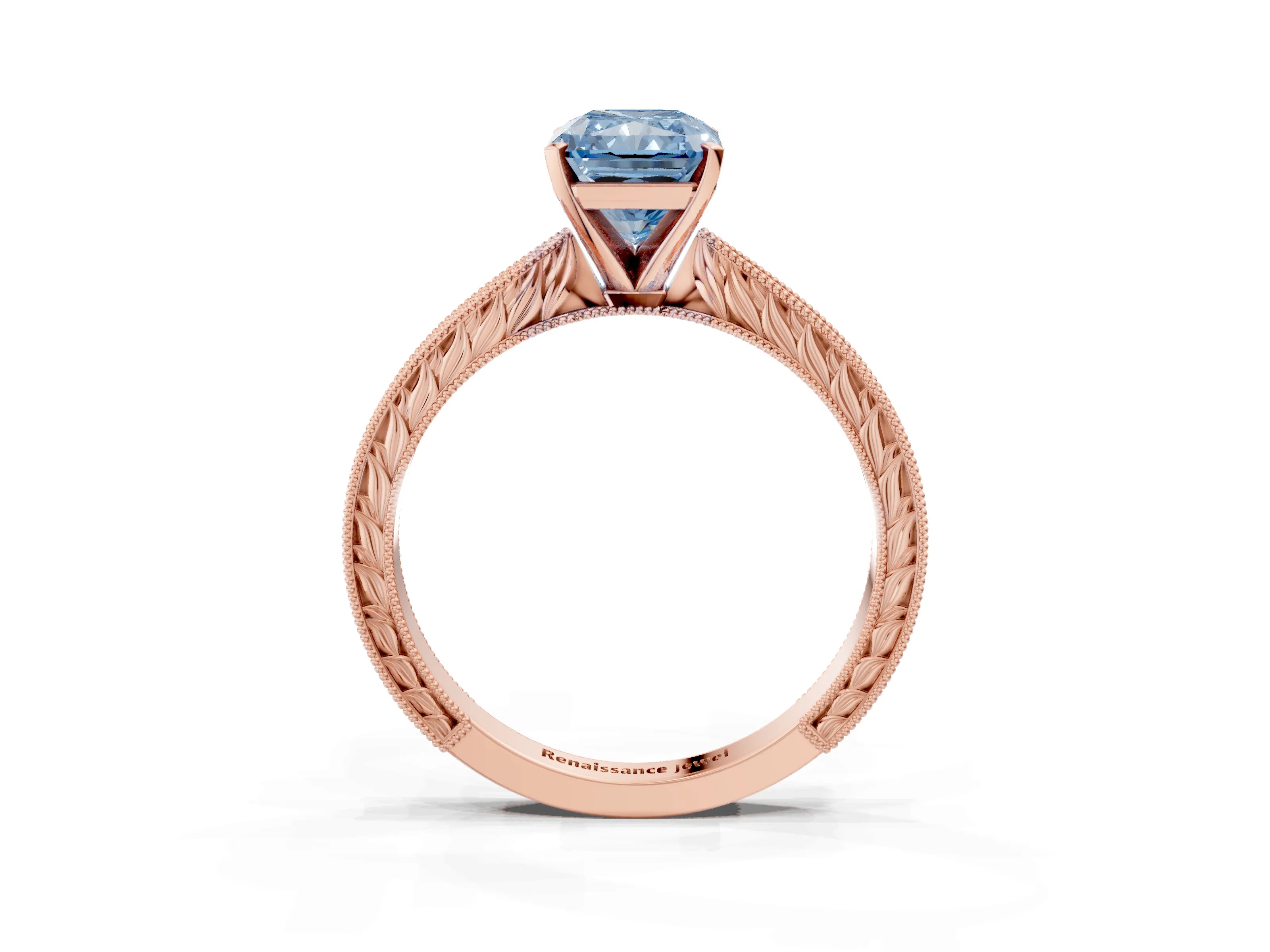 Rose gold Fancy Blue Radiant Cut Solitaire Milgrain Engraved Band with Four-Prong Setting_3