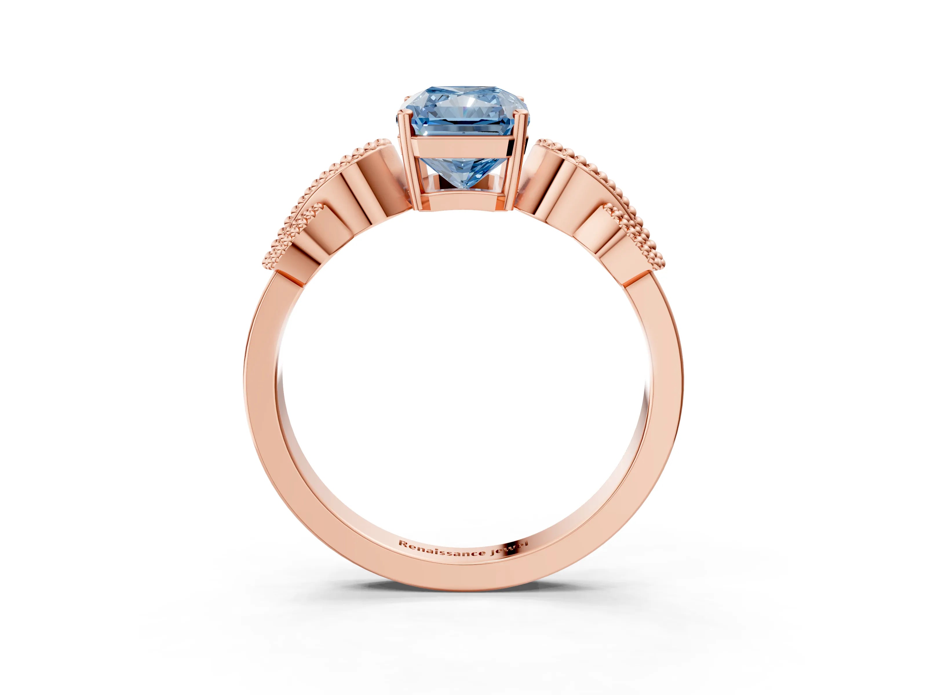 Rose gold Fancy Blue Radiant Cut Solitaire Milgrain Leaf Band with Prong Setting_3