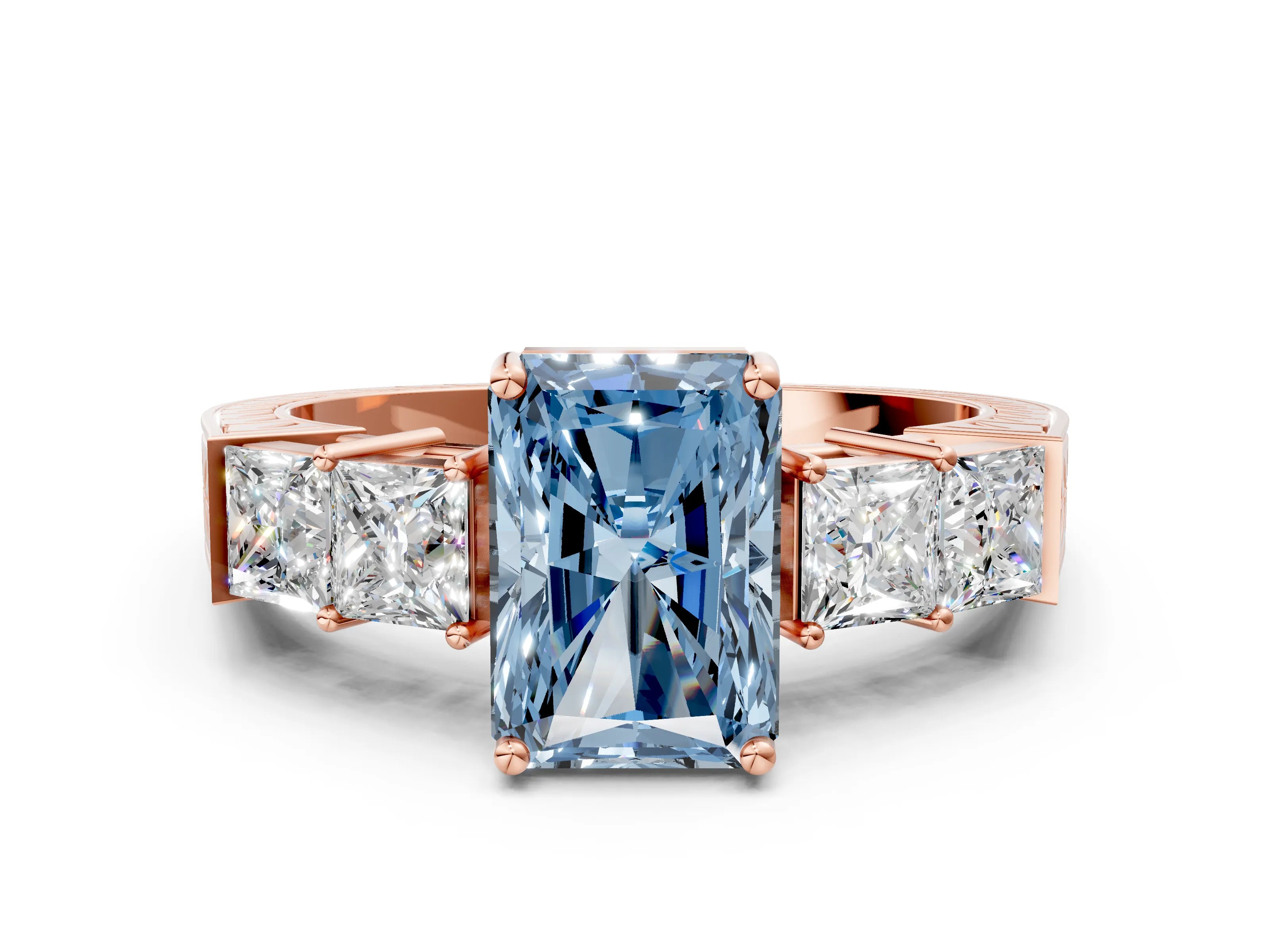 Rose gold Fancy Blue Radiant Cut Solitaire Princess Side Stone Engraved Band Prong Setting Ring