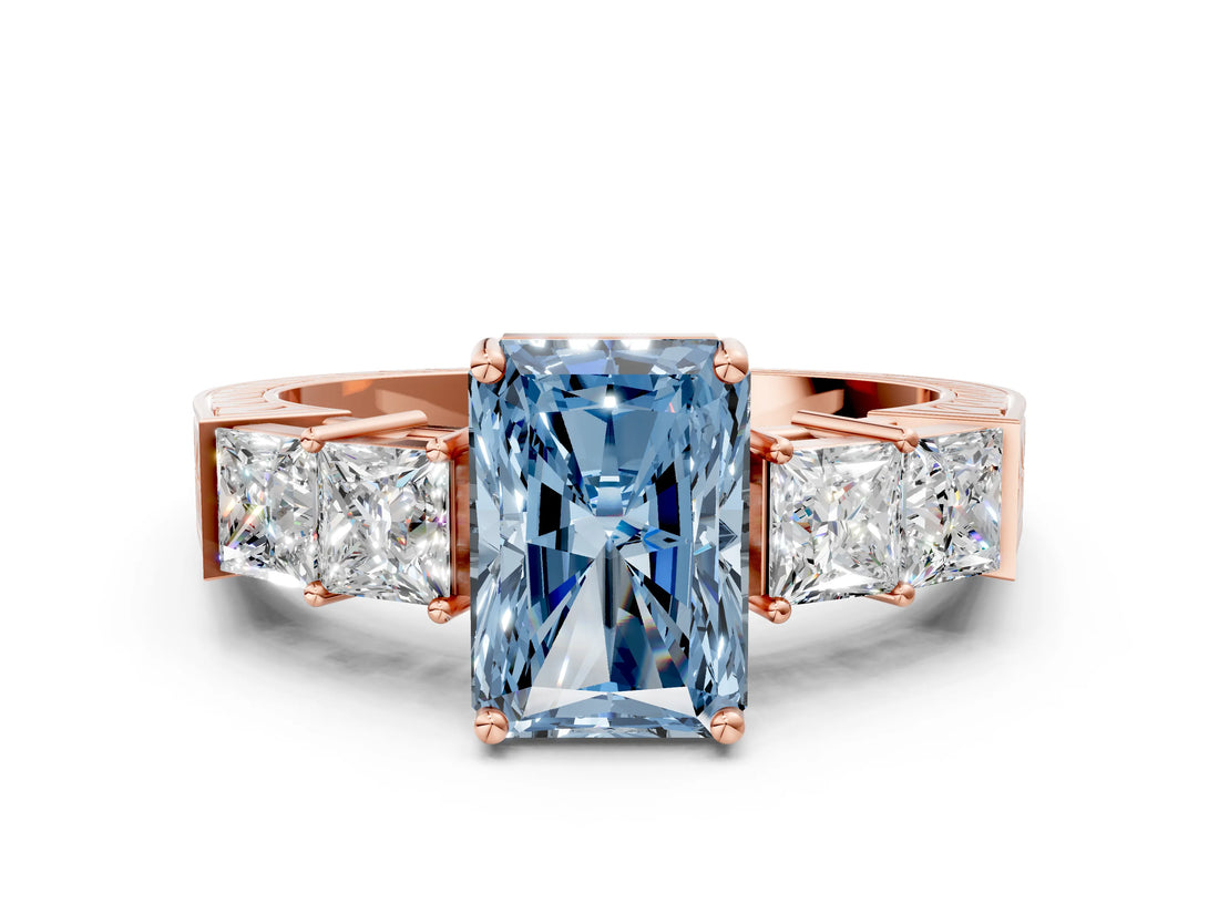 Rose gold Fancy Blue Radiant Cut Solitaire Princess Side Stone Engraved Band Prong Setting Ring