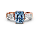 Rose gold Fancy Blue Radiant Cut Solitaire Princess Side Stone Engraved Band Prong Setting Ring
