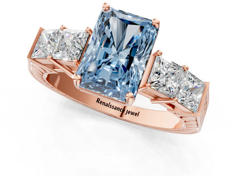 Rose gold Fancy Blue Radiant Cut Solitaire Princess Side Stone Engraved Band Prong Setting Ring_1