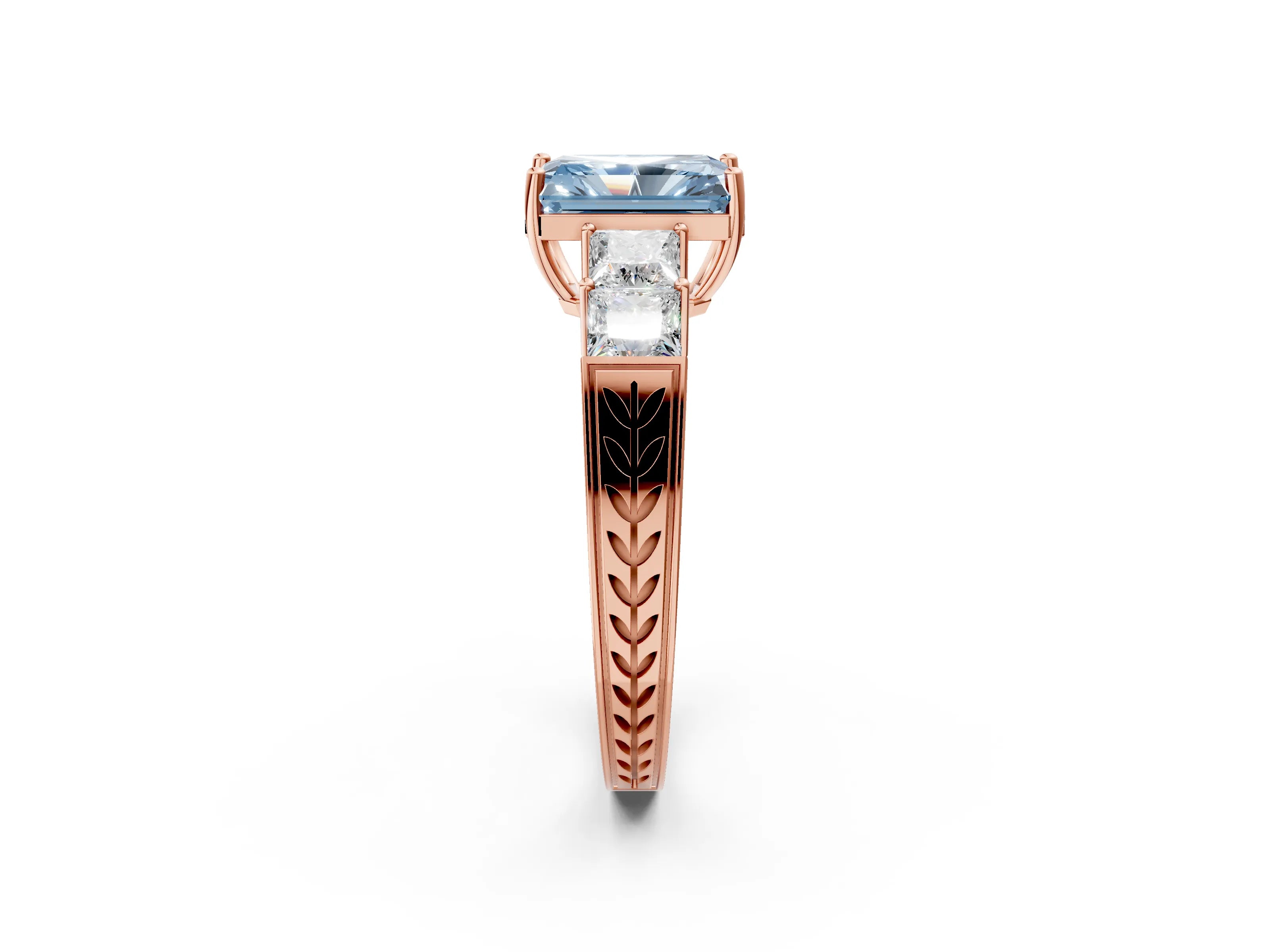Rose gold Fancy Blue Radiant Cut Solitaire Princess Side Stone Engraved Band Prong Setting Ring_2