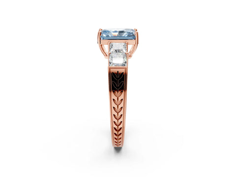 Rose gold Fancy Blue Radiant Cut Solitaire Princess Side Stone Engraved Band Prong Setting Ring_2