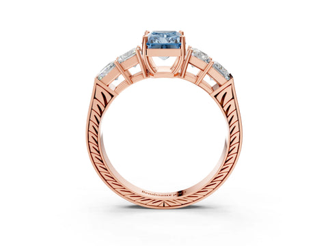 Rose gold Fancy Blue Radiant Cut Solitaire Princess Side Stone Engraved Band Prong Setting Ring_3
