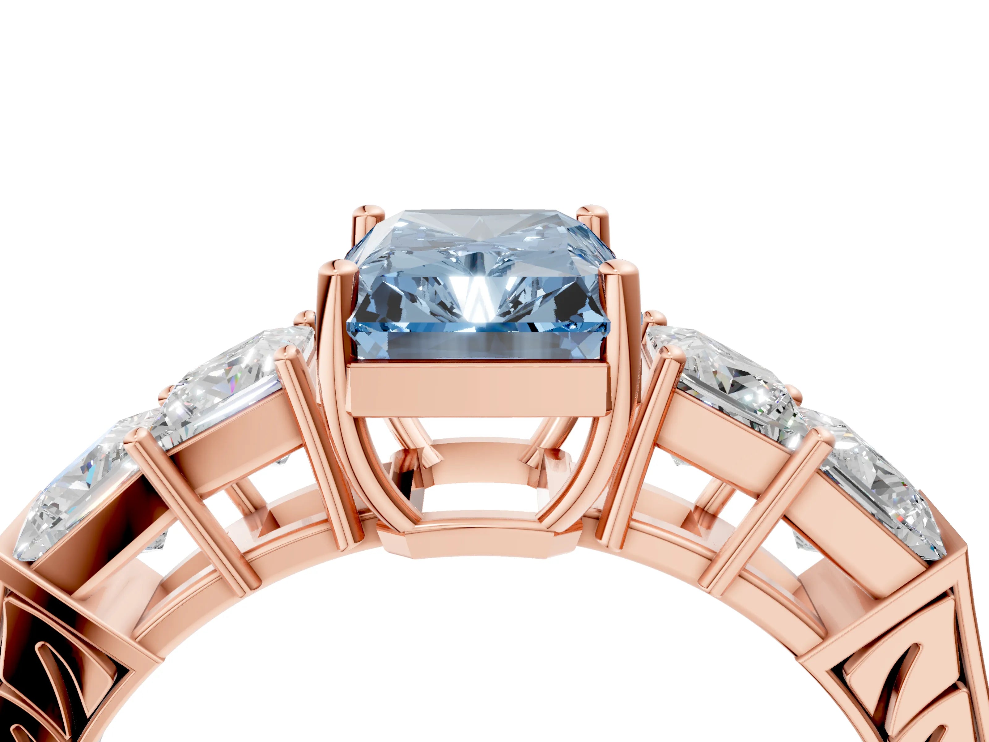 Rose gold Fancy Blue Radiant Cut Solitaire Princess Side Stone Engraved Band Prong Setting Ring_4