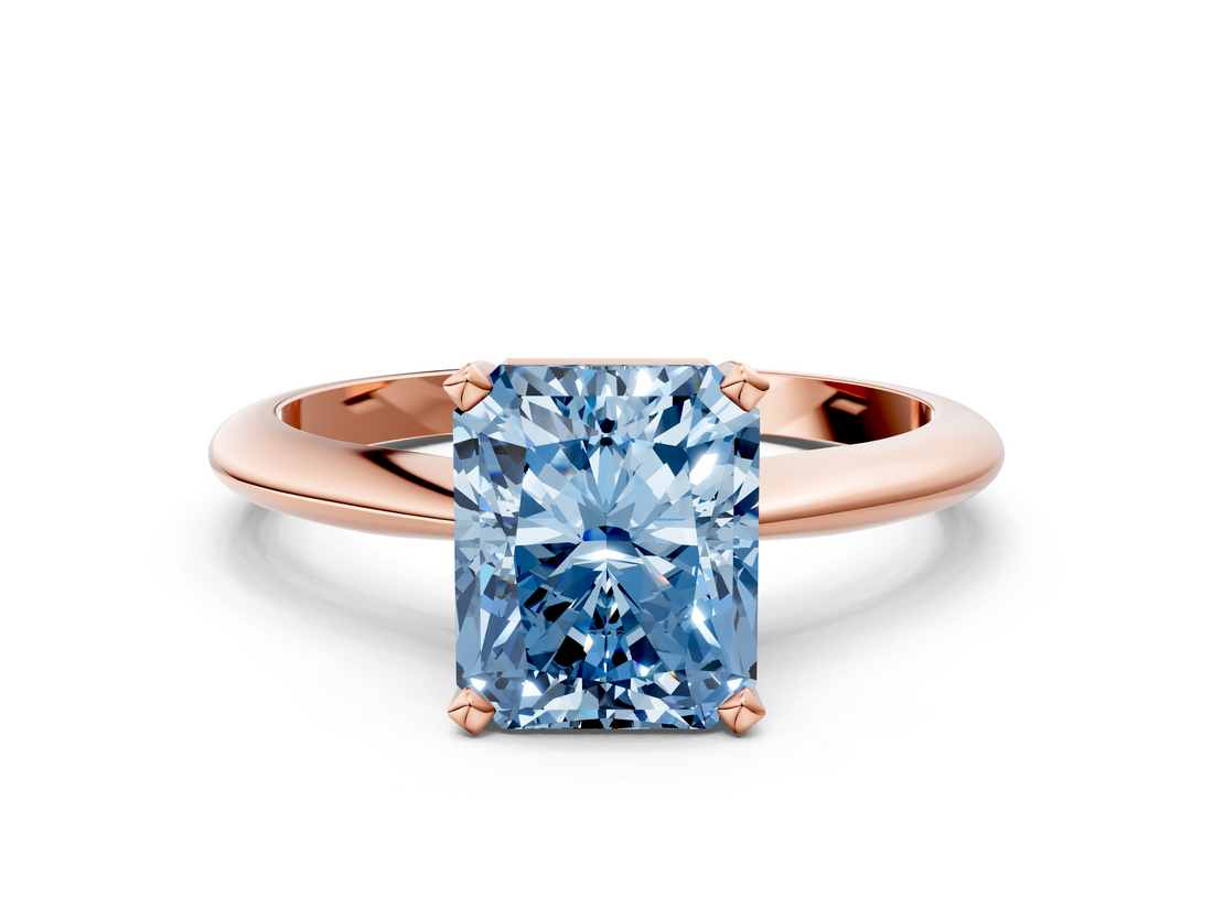 Rose gold Fancy Blue Radiant  Cut Solitaire Ring with Four-Prong Setting on a Classic Band_25