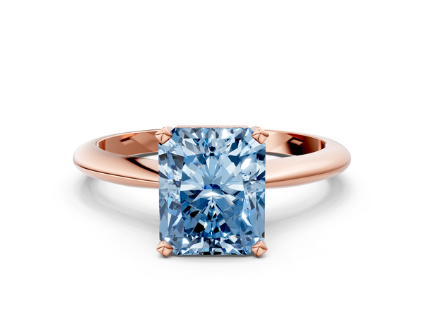 Rose gold Fancy Blue Radiant  Cut Solitaire Ring with Four-Prong Setting on a Classic Band