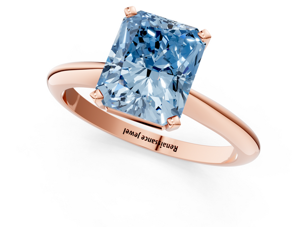 Rose gold Fancy Blue Radiant  Cut Solitaire Ring with Four-Prong Setting on a Classic Band