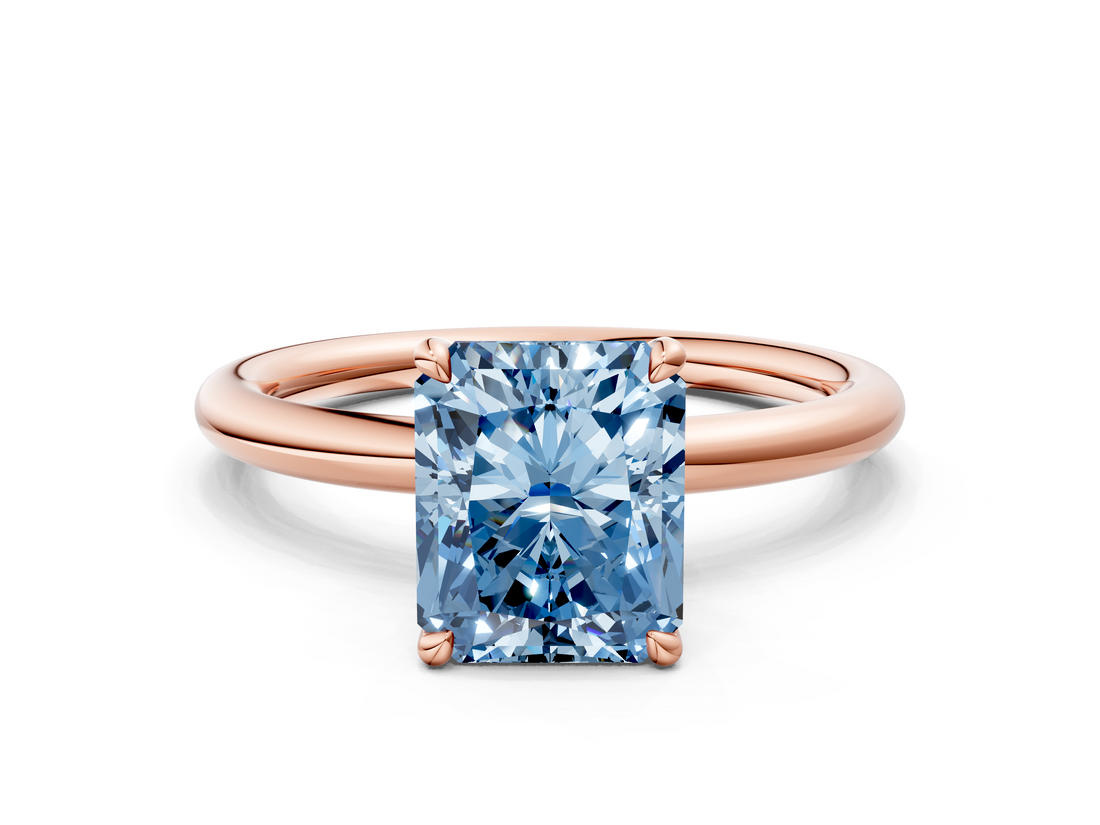 Rose gold Fancy Blue Radiant  Cut Solitaire Ring with Thin Band and Four-Prong Setting_16