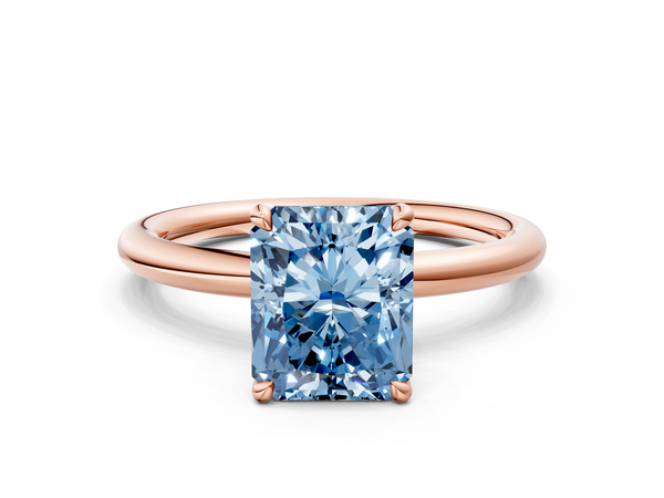 Rose gold Fancy Blue Radiant Cut Diamond Solitaire Ring with Thin Band and Four-Prong Setting