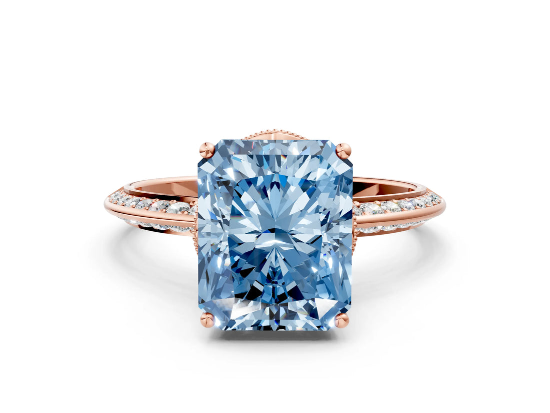 Rose gold Fancy Blue Radiant Cut Solitaire Split Shank Pave Diamond Engagement Ring with Four-Prong Setting_12