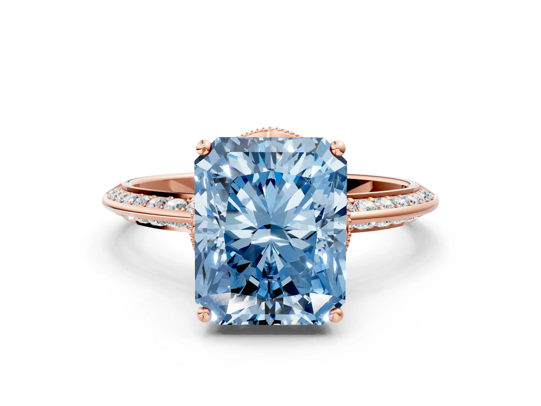 Rose gold Fancy Blue Radiant Cut Solitaire Split Shank Pave Diamond Engagement Ring with Four-Prong Setting_36