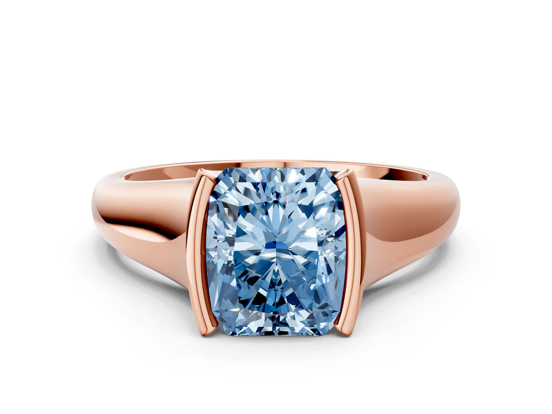 Rose gold Fancy Blue Radiant Cut Solitaire Tension Set Diamond Ring with Split Shank Band