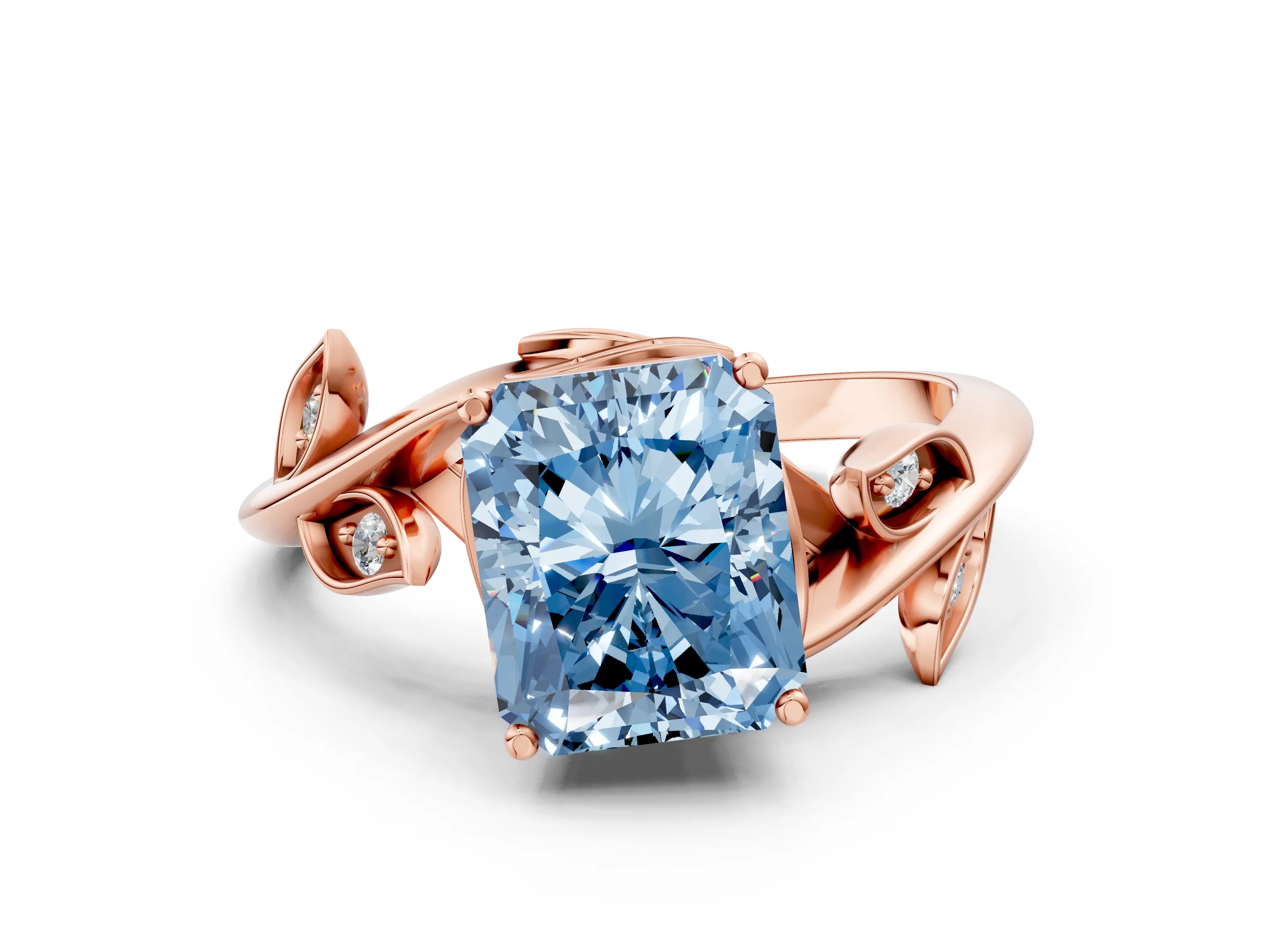 Rose gold Fancy Blue Radiant Cut Solitaire Twist Engagement Ring with Leaf Accents and Prong Setting_12