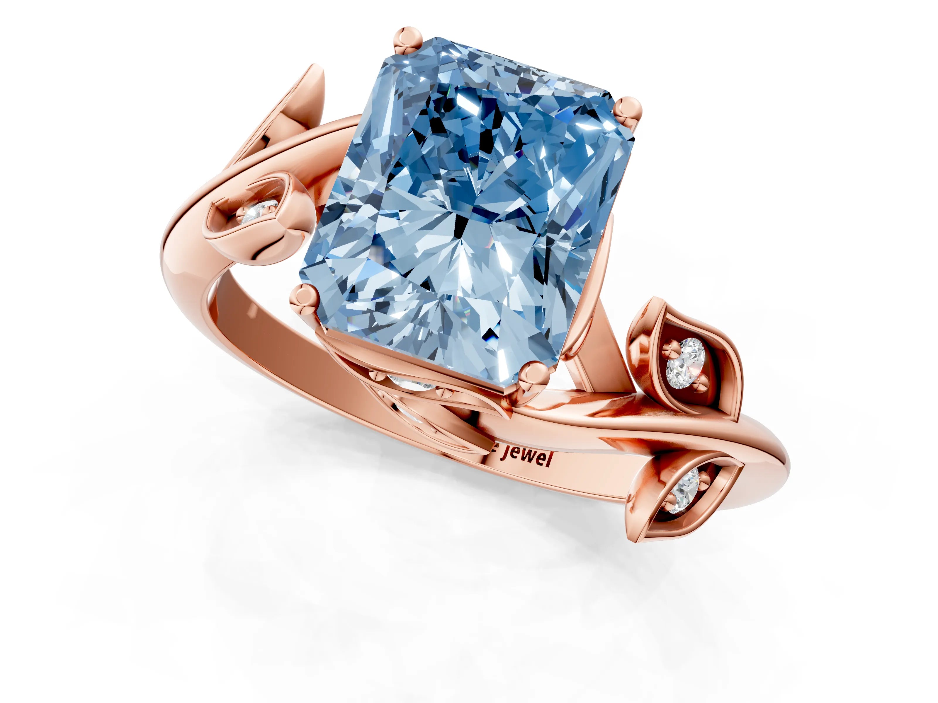 Rose gold Fancy Blue Radiant Cut Solitaire Twist Engagement Ring with Leaf Accents and Prong Setting_13