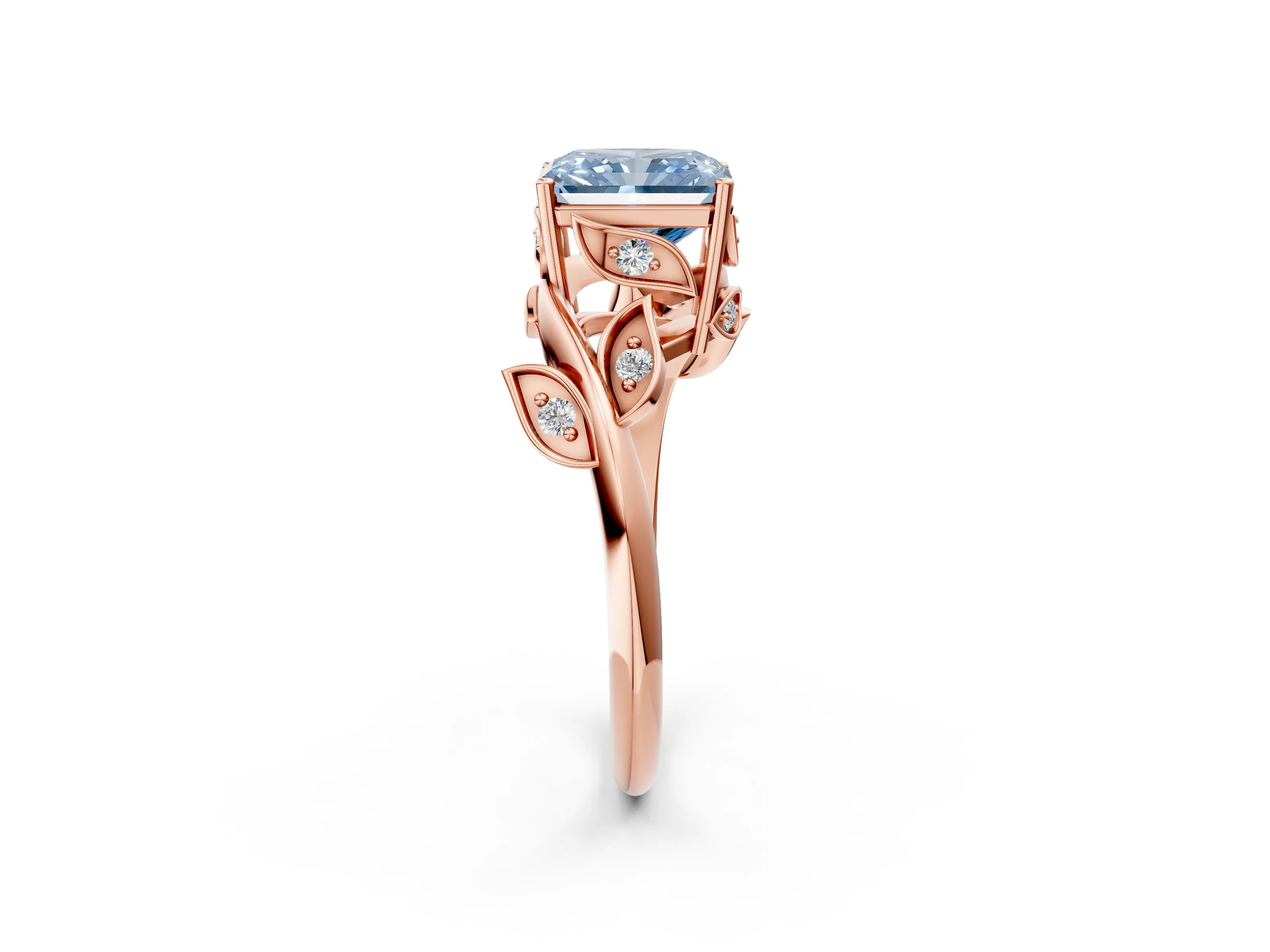 Rose gold Fancy Blue Radiant Cut Solitaire Twist Engagement Ring with Leaf Accents and Prong Setting_14