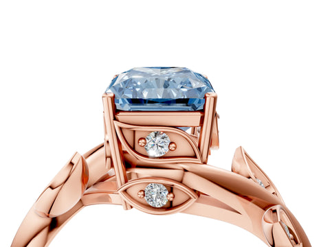 Rose gold Fancy Blue Radiant Cut Solitaire Twist Engagement Ring with Leaf Accents and Prong Setting_16