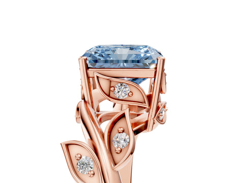Rose gold Fancy Blue Radiant Cut Solitaire Twist Engagement Ring with Leaf Accents and Prong Setting_17