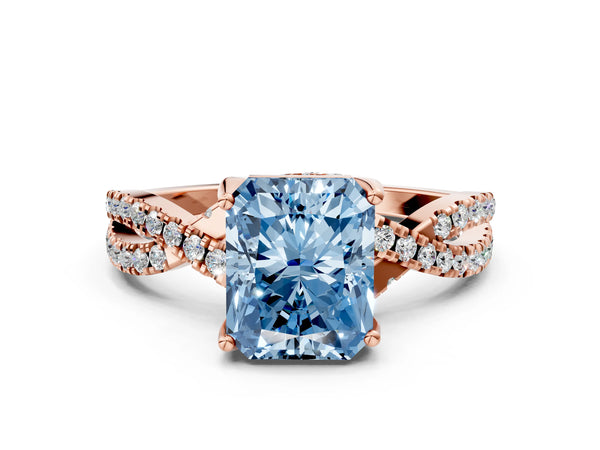 Rose gold Fancy Blue Radiant Cut Solitaire Twist Pave Diamond Engagement Ring with Prong Setting