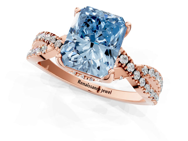 Rose gold Fancy Blue Radiant Cut Solitaire Twist Pave Diamond Engagement Ring with Prong Setting