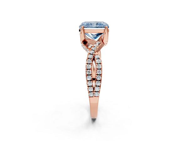 Rose gold Fancy Blue Radiant Cut Solitaire Twist Pave Diamond Engagement Ring with Prong Setting