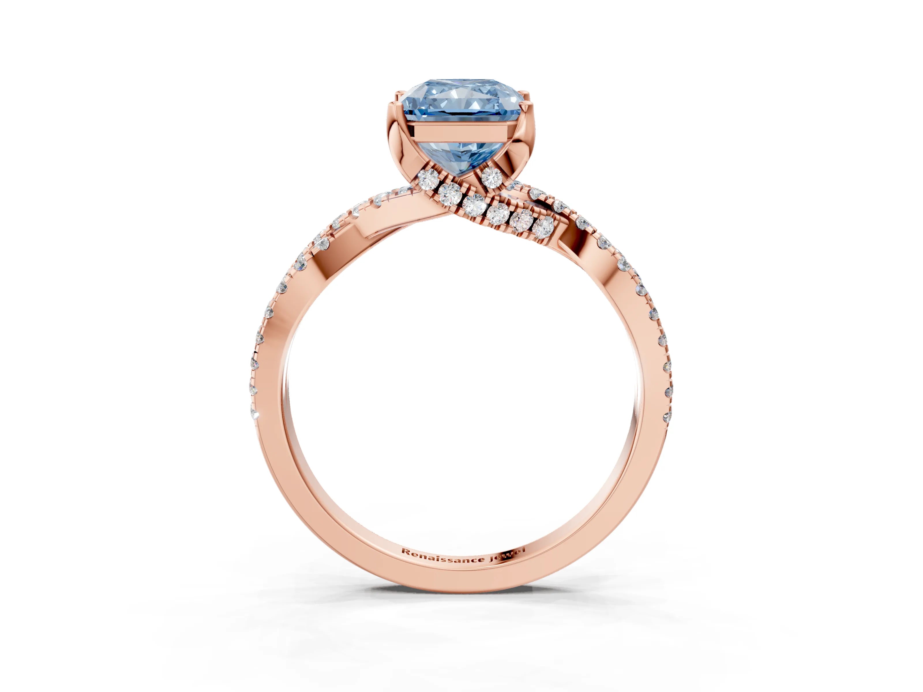 Rose gold Fancy Blue Radiant Cut Solitaire Twist Pave Diamond Engagement Ring with Prong Setting_3