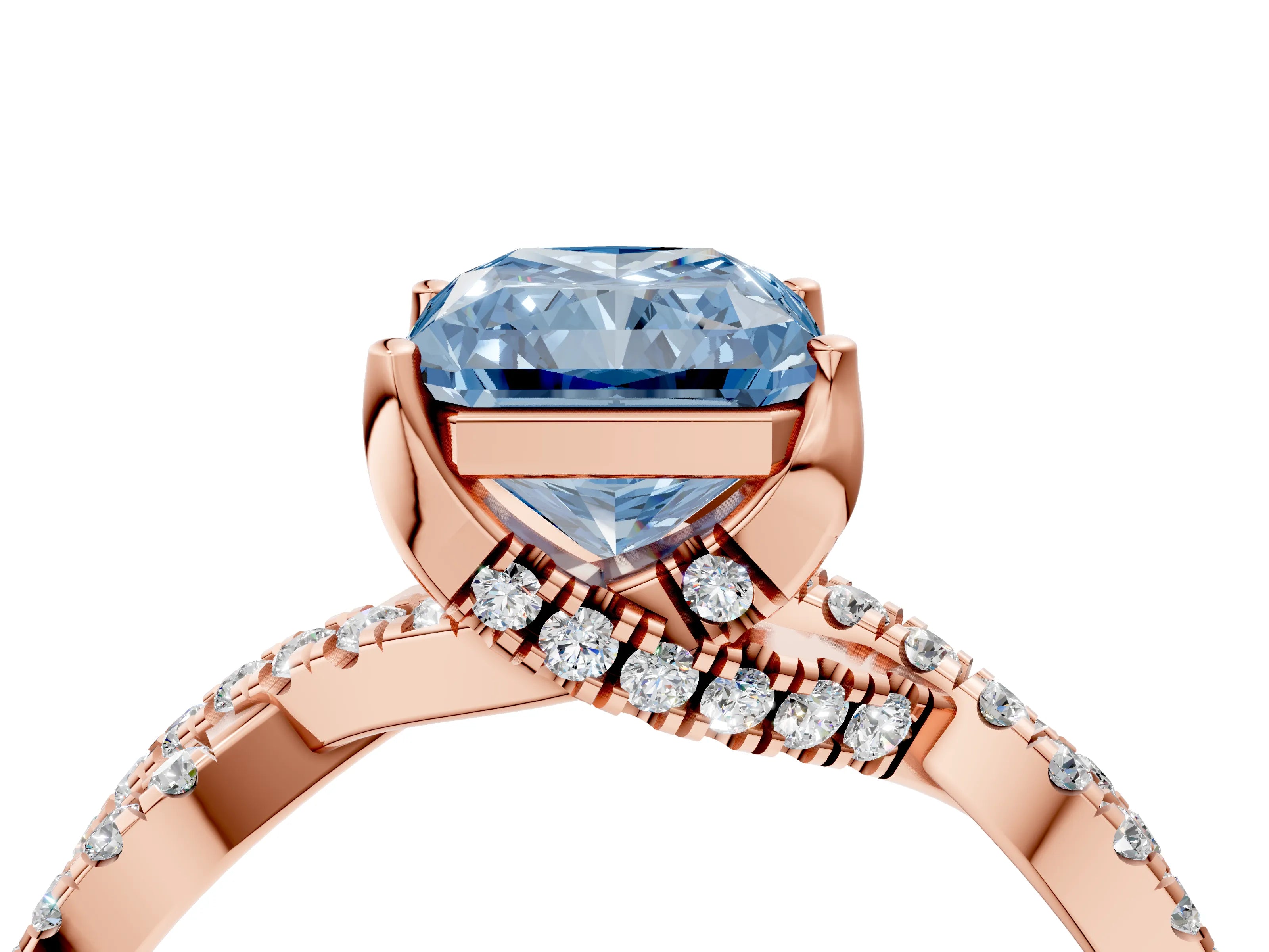 Rose gold Fancy Blue Radiant Cut Solitaire Twist Pave Diamond Engagement Ring with Prong Setting_4