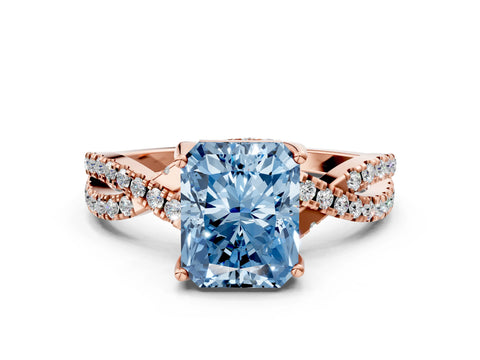Rose gold Fancy Blue Radiant Cut Solitaire Twist Pave Diamond Engagement Ring with Prong Setting